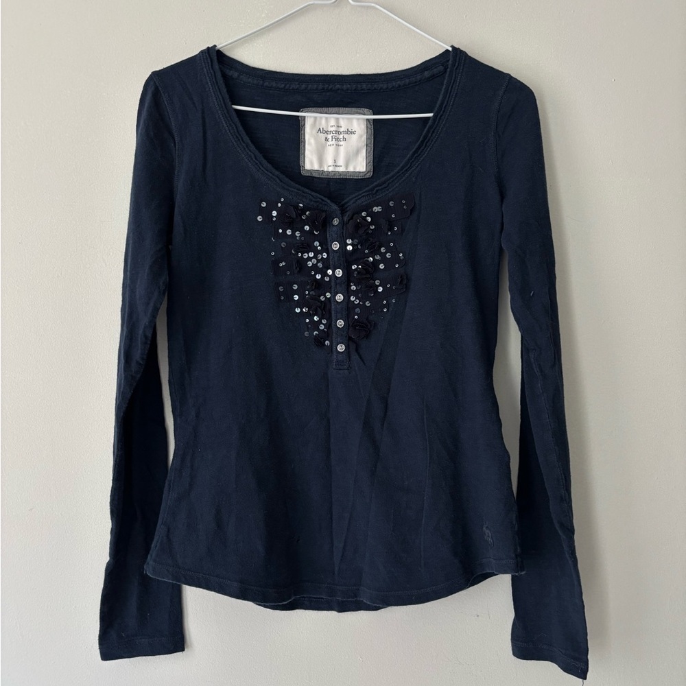 Y2K Abercrombie & Fitch Long Sleeve Sequin Henley Navy Blue Baby Doll - Small